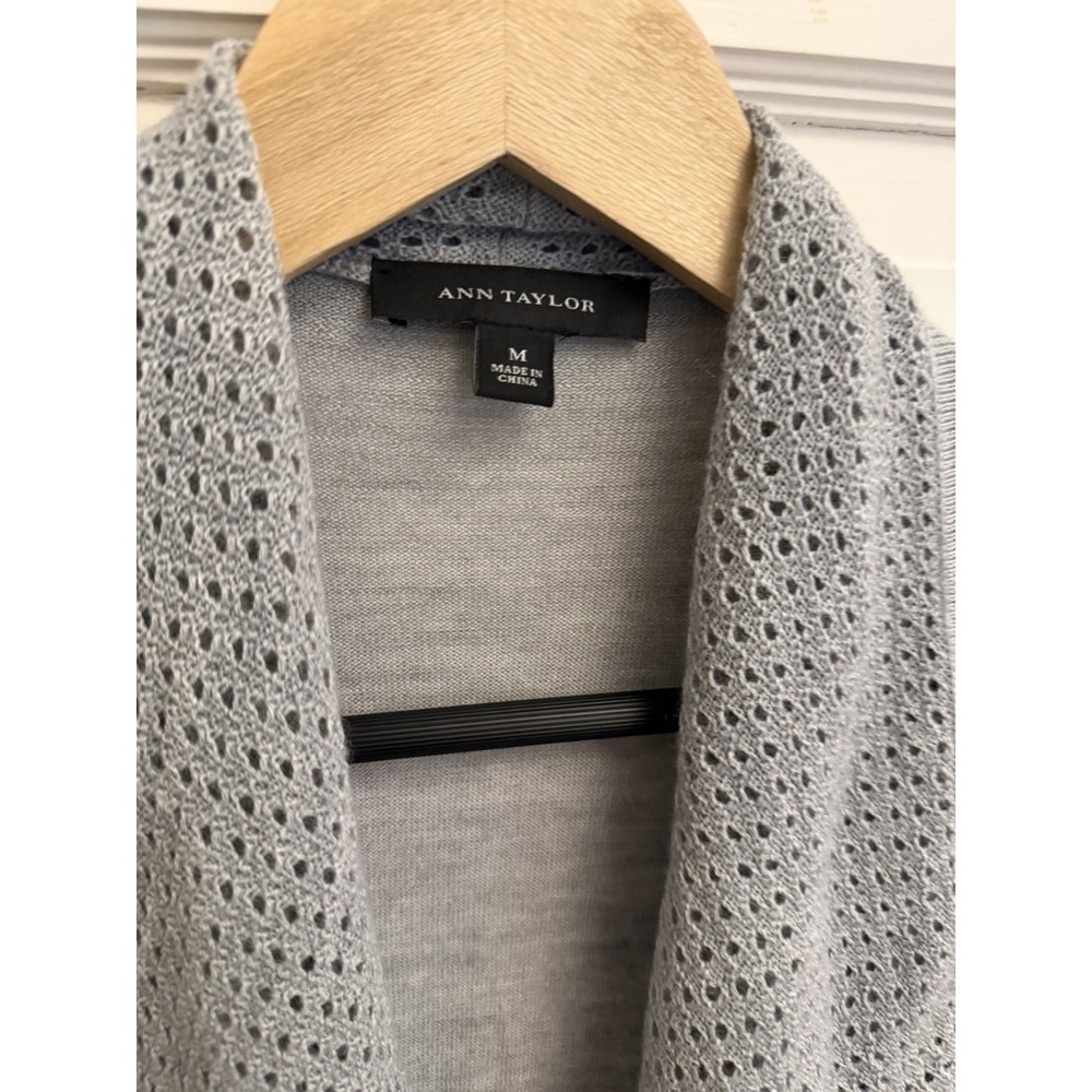Ann Taylor Cascading Gray Open Cardigan Sweater Lightweight Wool Blend Size M